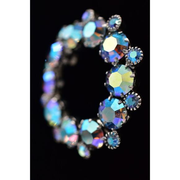 Vintage Crystal Pin Brooch Prong Rhinestone AB Blue Retro Round 1950s Glam BinBP - Picture 4 of 12